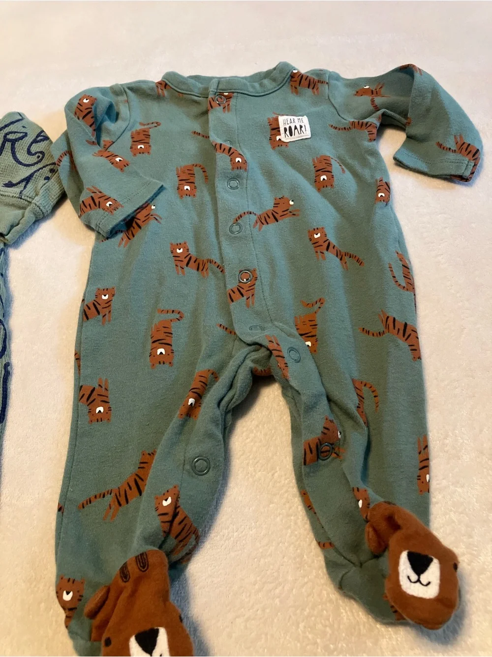 Green Elephant and Tiger Baby One-Piece Footed Pajama
